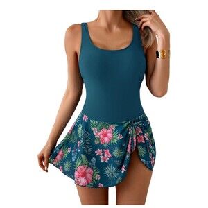 EOMENIE Women's Teal Floral Swimdress Ruffle Lined Stretch, Size L